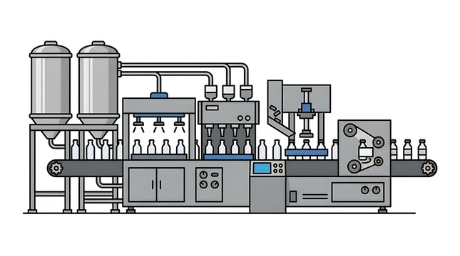Industrial bottling and packaging line with automated filling and capping machinery and silver silos