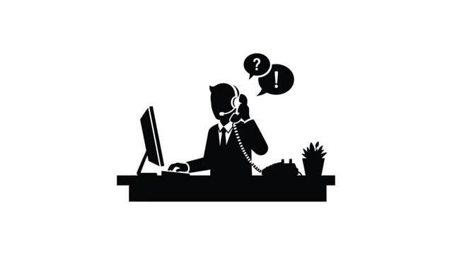 Silhouette illustration of a businessman working at a desk with phone.