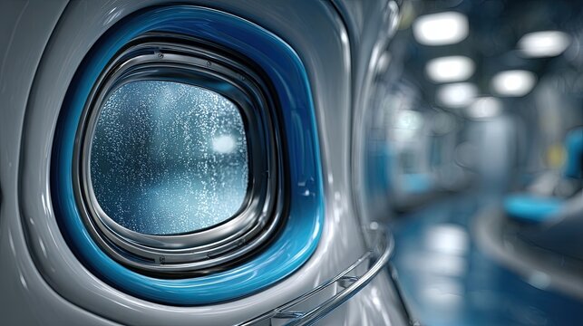 Futuristic train window with rain drops and blue interior. Generative AI