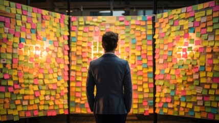 Obraz premium Professional businessman standing while looking at a large wall covered with many colorful sticky notes during a brainstorming session for a new corporate project strategy