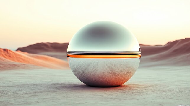 Futuristic Metallic Sphere in Desert Landscape at Sunset. Generative AI