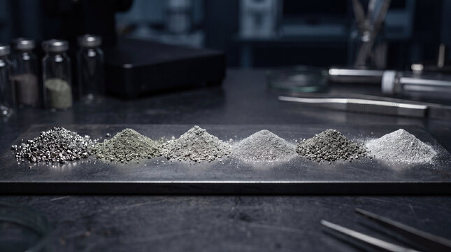 Extraction process of precious rare earth elements refinement concept. Varied powders neatly arranged in unique shapes for scientific study.