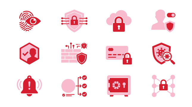 Collection of cybersecurity and data protection icons, including fingerprint scan, cloud security, user authentication, and virus protection.