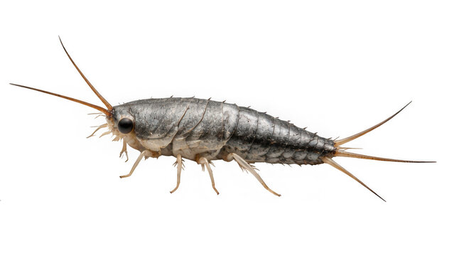 Silverfish wingless insect close up view isolated on transparent background