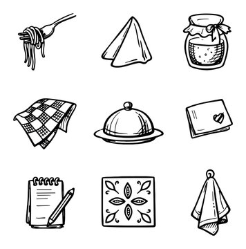 Food and dining vector icons with spaghetti, jar and napkin for infographic design in hand drawn style