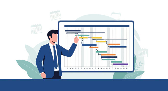 Manager presents project timeline Gantt chart with calendar icons, business planning illustration