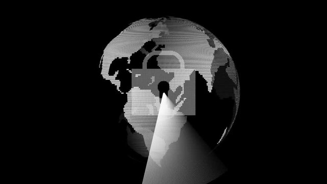 Lock icon is superimposed over the center of the globe, with a spotlight effect  a concept for global security, security breaches, or a spotlight on the world. .