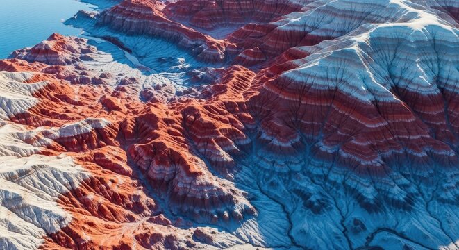 Dramatic aerial view capturing vast, rugged terrain. Contours reveal ancient geological processes, elevation changes, and diverse textures, terrain, soil, topography