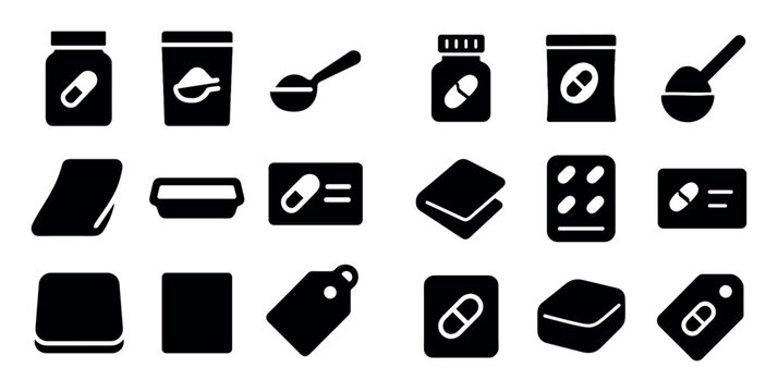 Medicine and pharmacy design icons with pill bottle, spoon and label for mobile app design in solid style