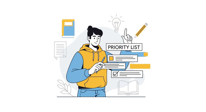 Man planning priority list with checklist and lightbulb idea symbol