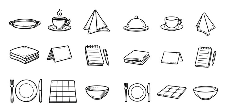 Dining and catering concept icons with cup, tray and notepad for infographic design in outline illustration style