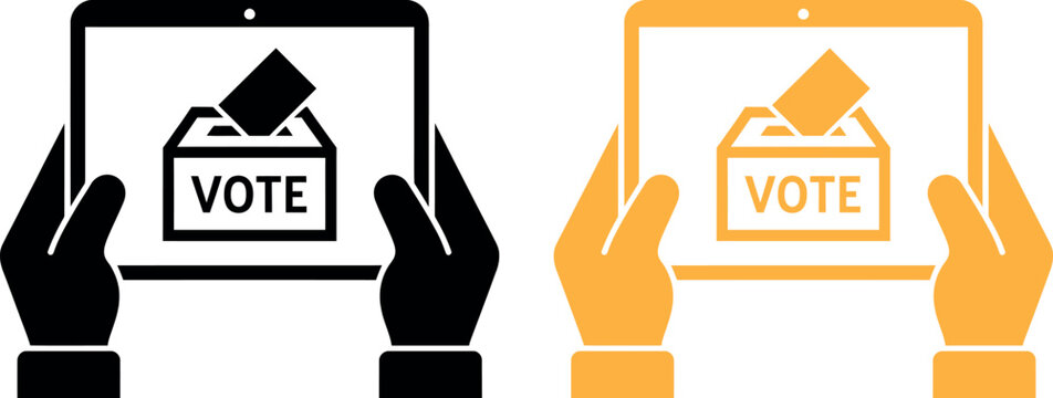 Hands holding tablets showing online voting interface with ballot box icon