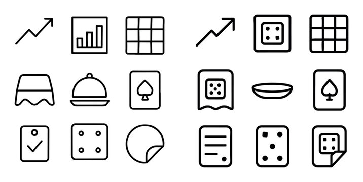 Business and gaming concept icons with graph, dice and card for infographic design in outline style
