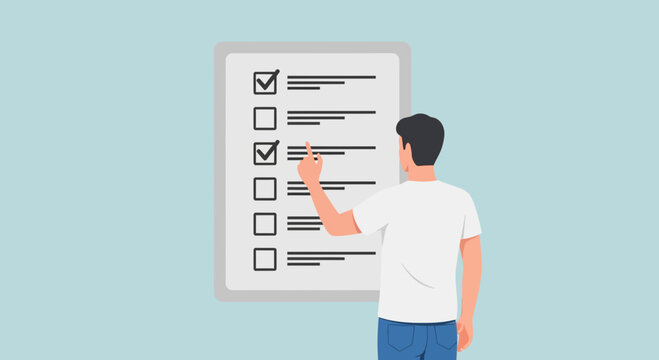 Man checking off tasks on a list, complete tasks, infographic element