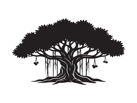 Beautiful banyan tree silhouette with mystical tropical atmosphere 