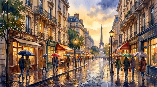 Rainy Parisian street scene, watercolor painting of people with umbrellas walking on a wet street, iconic Eiffel Tower in the distance, charming European city atmosphere.