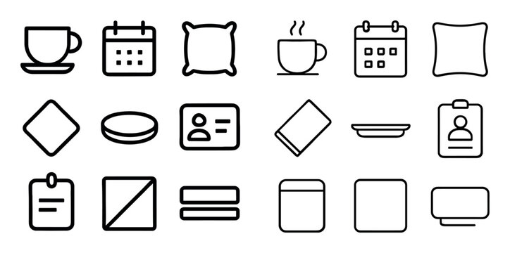 Office and home UI elements with cup, calendar and pillow for mobile app design in minimal outline style