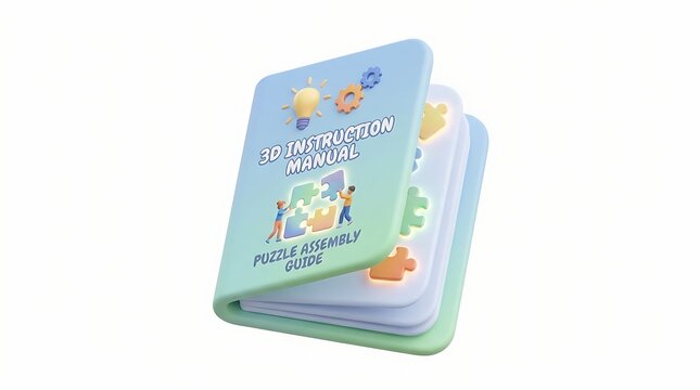 A light blue 3D instruction manual for puzzle assembly with illustrations of ideas and teamwork.