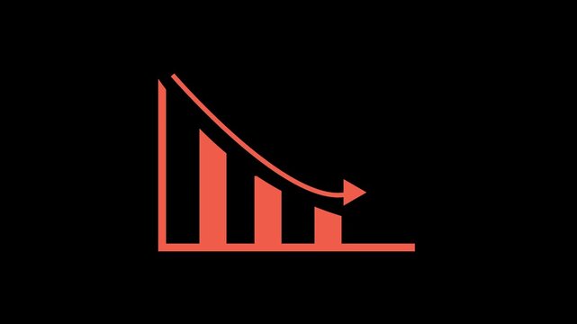 Bar chart animation with red downward arrow. Bar chart financial loss and decline. Bar chart business failure graphic on black background for data.