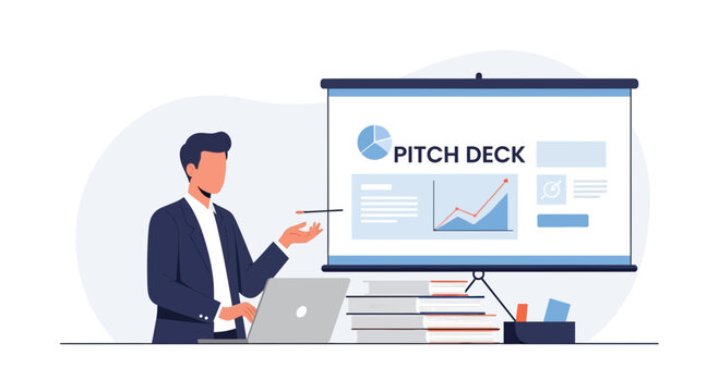 Businessman presenting pitch deck with charts and graphs on screen