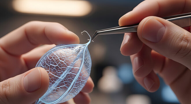A close-up of skilled hands meticulously manipulating a delicate, glowing bio-engineered structure with precision tweezers, symbolizing advanced research and innovation