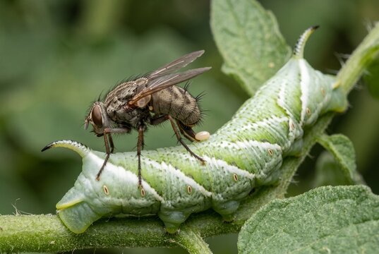 Tachinid fly parasitoid laying egg on green hornworm caterpillar