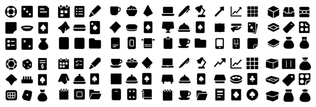 Casino and office design icons with dice bag and chart for infographic layout in minimal vector art