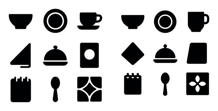 Kitchenware and dining design icons with bowl, cup and spoon for print design in minimal solid style