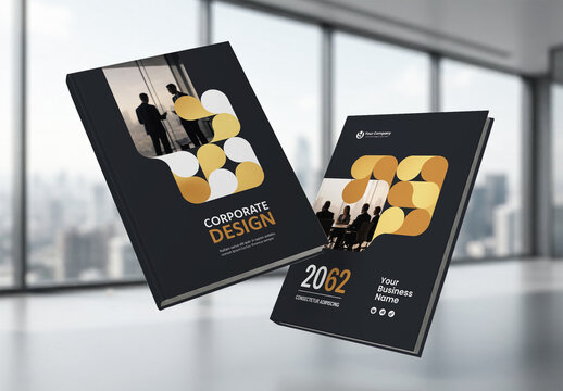 Business Report Cover Template &ndash; Gold and Black Geometric Layout (A4)
