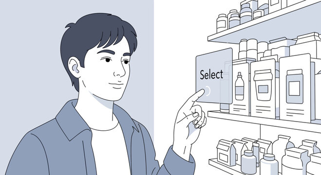 Man selecting product from shelf with digital interface in a store