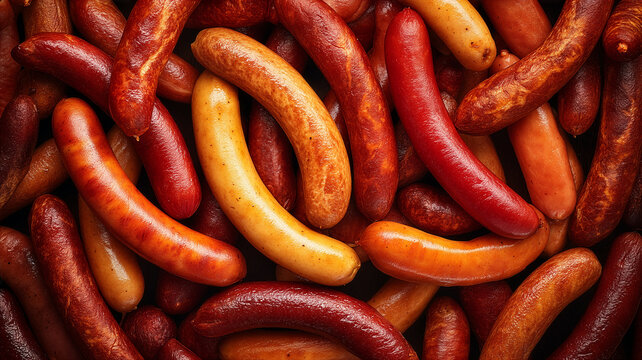 Top view of various types of sausages background, high density pattern of smoked bratwurst and frankfurters for meat industry and gourmet food concept.