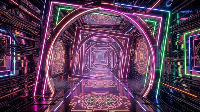 Cyberspace tunnel presenting infinite journey, glowing neon lights illuminating sacred geometry symbols, a mystical gateway.