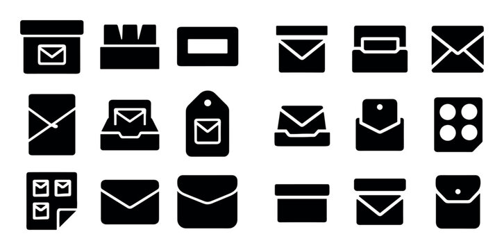 Communication and mail vector icons with envelope, tag and box for web interface design in solid style