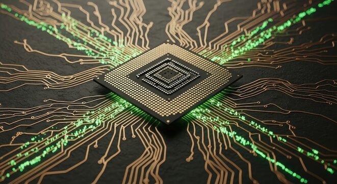 Futuristic microchip with glowing green data circuits on dark background