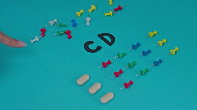 Top View Of Finger Removing Ocd Text From Turquoise Surface With Neatly Arranged Pin And Tablets