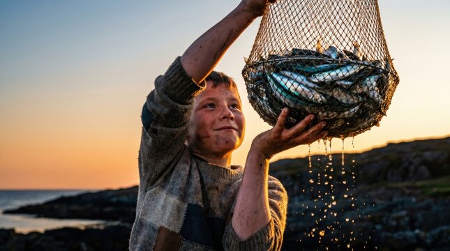 Young boy proudly holds a net full of freshly caught fish at sunset by the sea.
