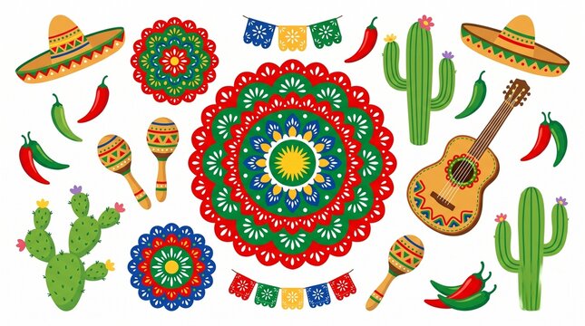 Vibrant Mexican Fiesta Scene with Sombreros, Cacti, Guitar, and Colorful Decorations Outdoors