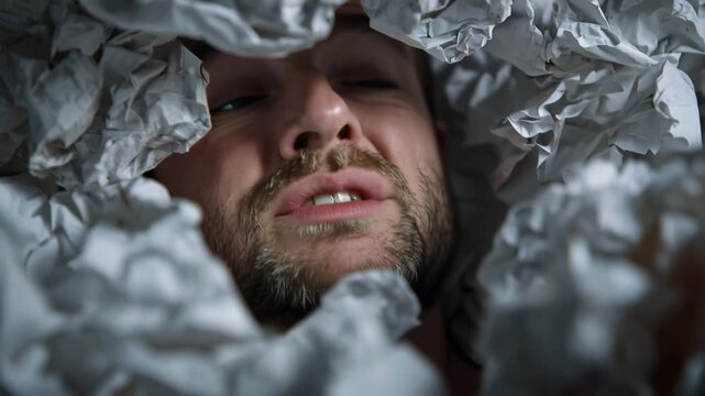 A man looks out from beneath a cluttered stack of papers, appearing both surprised and amused by the situation