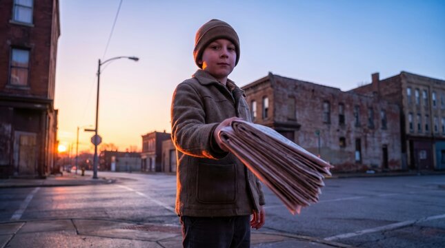 Young newspaper boy offering a paper on a street at dawn.