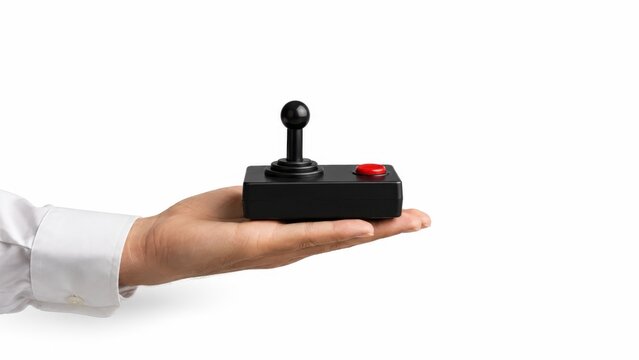 Male hand holding black retro arcade joystick with red button for clean gaming accessory wallpaper