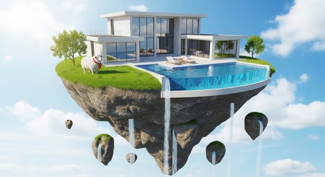 Floating luxury villa with infinity pool suspended above the clouds in a surreal landscape.