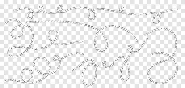 Set of wavy western or nautical rope squiggle lines with flowing curves and tangles Marine cable pattern for sailor design Hand drawn sketch continuous line doodle elements Rope vector brush shapes
