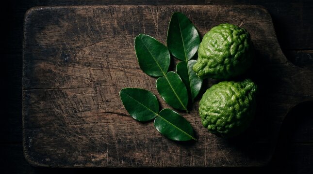Fresh Kaffir Limes and Leaves on Rustic Wooden Cutting Board.