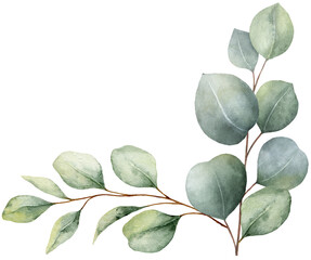 Fototapeta premium Watercolor corner border wreath with green eucalyptus leaves and branches. Greenery clipart for wedding invitation, greeting cards, save the date, stationery design. Hand drawn illustration.