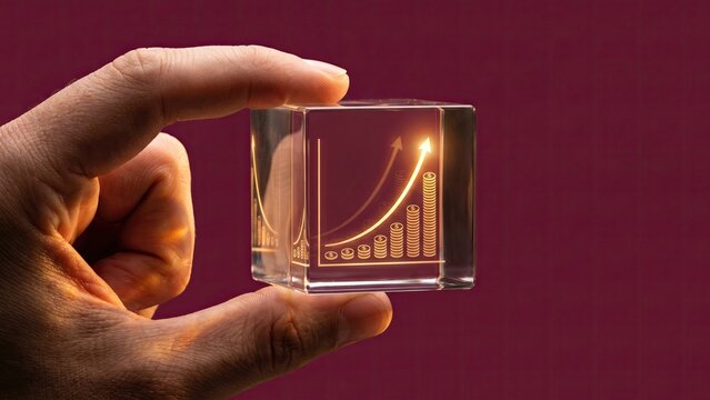 A transparent glass cube with a glowing exponential growth curve icon inside held by hand on a deep burgundy background for compound interest and investing.