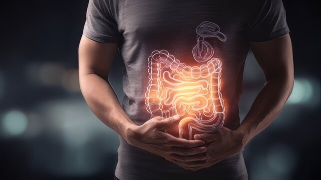 Glowing human intestinal tract superimposed over a person abdomen.