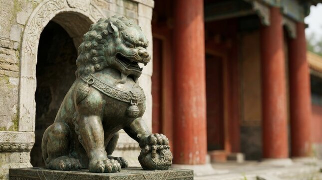Stone Foo Dog Statue Guarding Ancient Chinese Temple Entrance