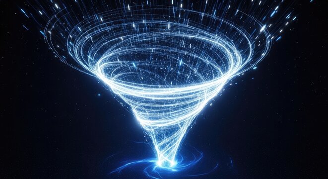Blue energy vortex swirling in dark starry space
