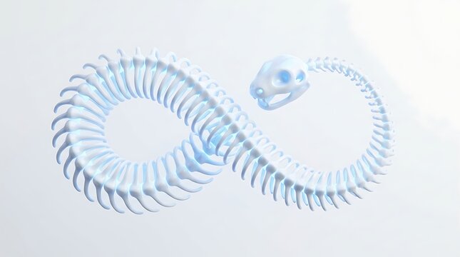 A translucent, ethereal snake skeleton forming an infinity symbol against a bright white background.