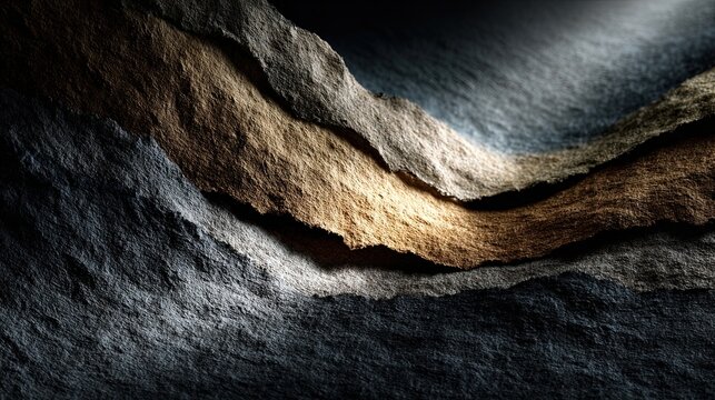 Abstract layered rock texture background with dramatic light and dark stone surface. Generative AI